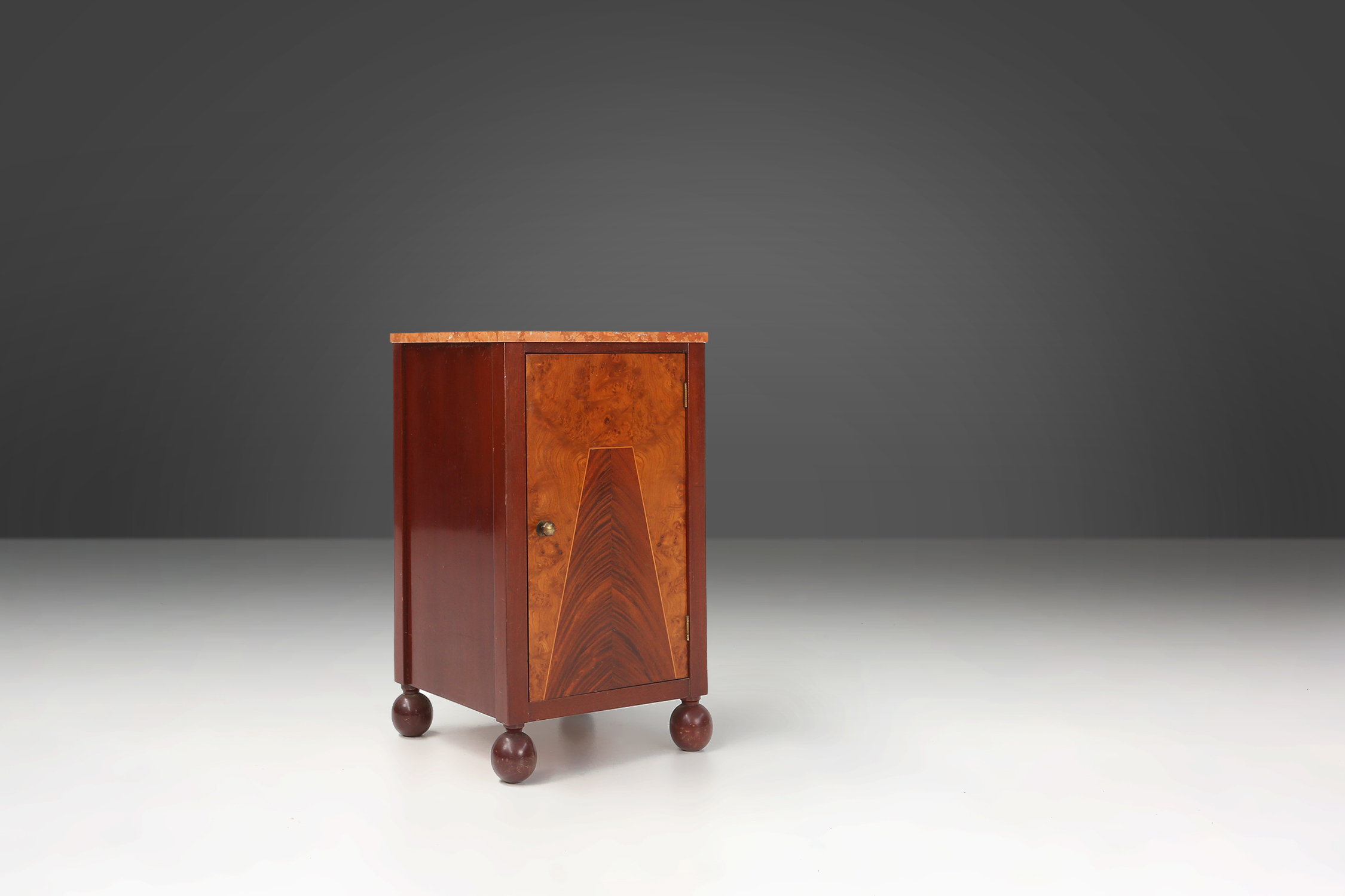Art Deco nightstand with geometrical wooden inlay and marble top, France, 1930sthumbnail